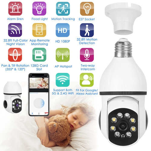 FREE SHIPPING! E27 WiFi Bulb Camera 1080P FHD WiFi IP Pan Tilt Security Surveillance Camera with Two-Way Audio Full Color Night Vision Flood Light Motion Tracking Si
