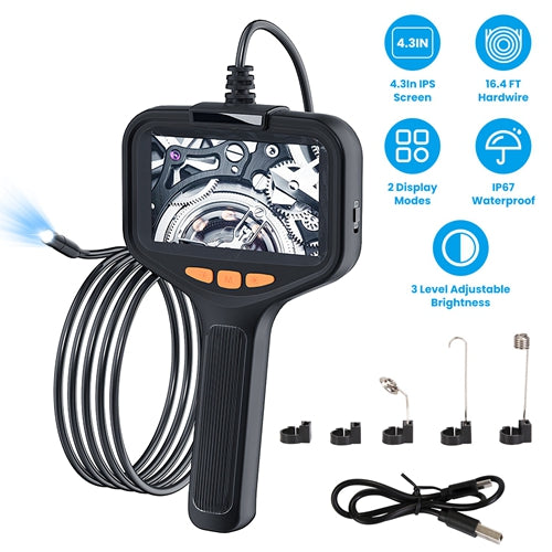 1080P Endoscope Camera with 8 LED Light 8mm Borescope Inspection Camera 4.3” Colorful Screen IP67 Waterproof 16.4FT Semi-Rigid Cord Handheld Snake Cam