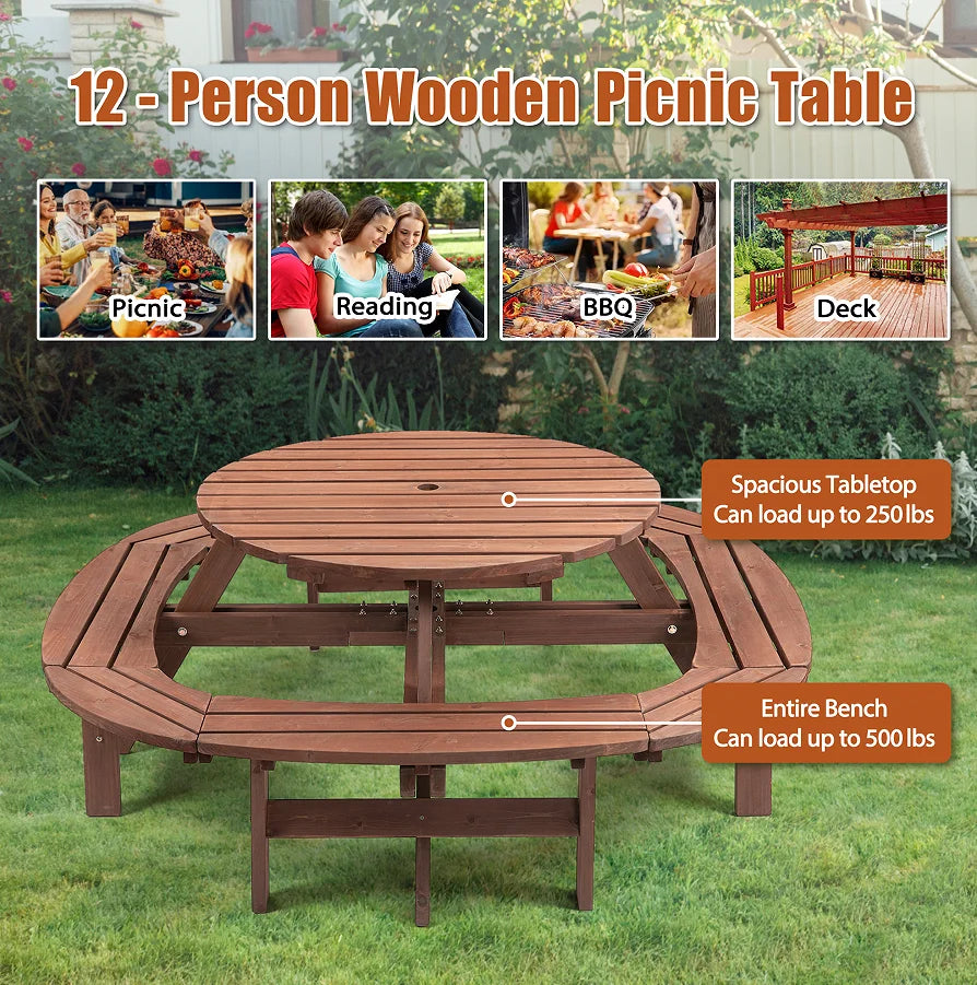 12-Person Modern Portable Round Outdoor Wooden Picnic Table for Patio Backyard Garden