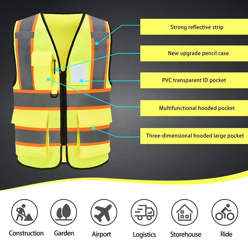 Ready to Ship ANSI Class 2 Hi Vis Vest Reflective Multi Pockets Adjustable for Construction