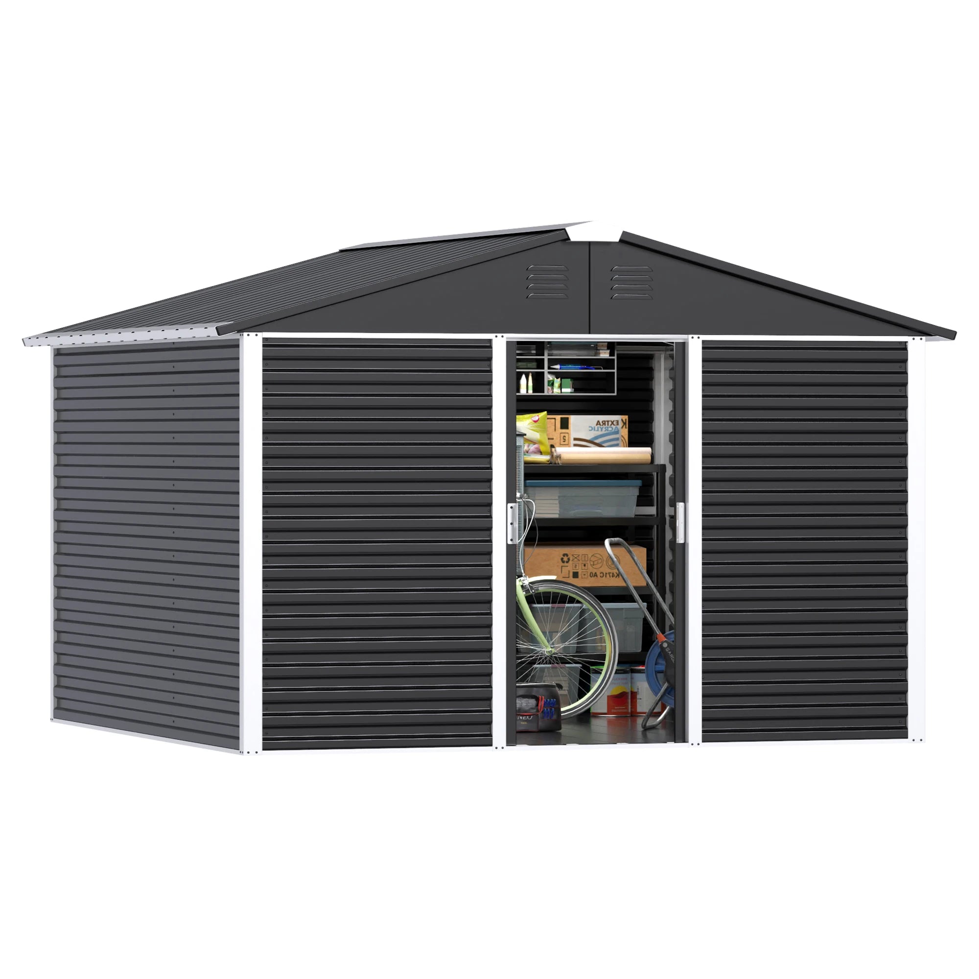 Large 10 Ft. W X 10 Ft. D Outdoor Metal Shed Sliding Door 60 Sq. Ft. Black FCJ Garden Patio Lawn Shed Wood for Backyard Use