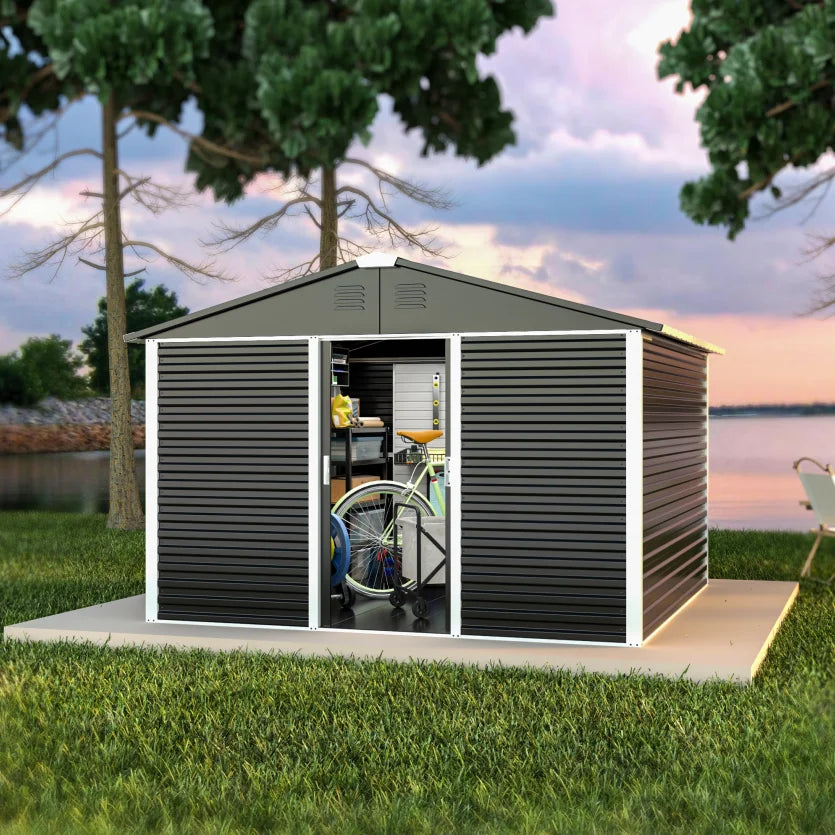 Large 10 Ft. W X 10 Ft. D Outdoor Metal Shed Sliding Door 60 Sq. Ft. Black FCJ Garden Patio Lawn Shed Wood for Backyard Use