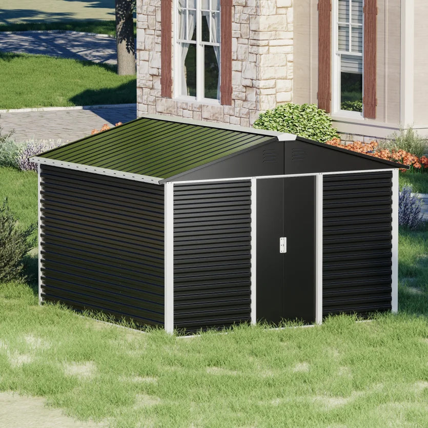 Large 10 Ft. W X 10 Ft. D Outdoor Metal Shed Sliding Door 60 Sq. Ft. Black FCJ Garden Patio Lawn Shed Wood for Backyard Use