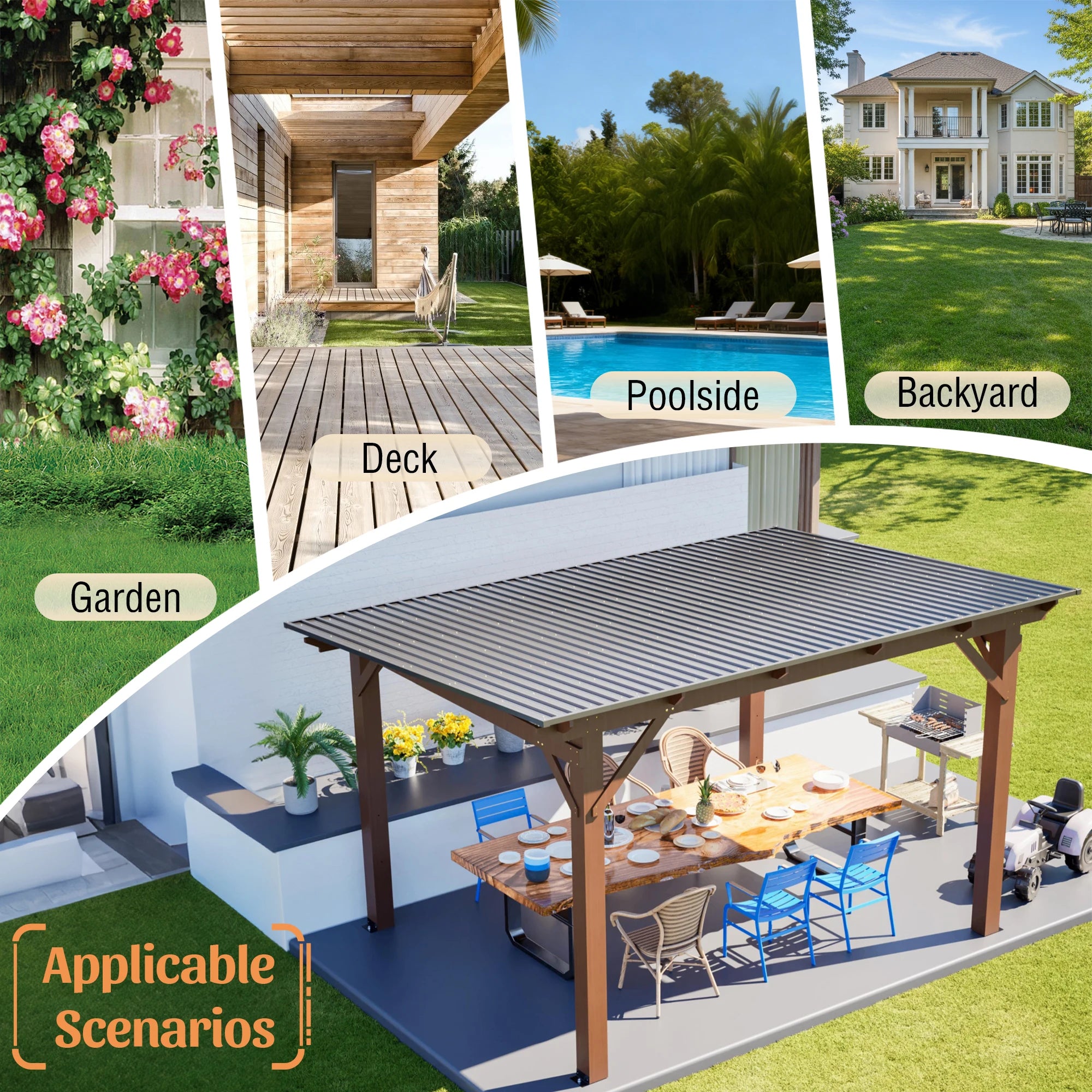 13x10ft Wooden Frame and Metal Roof Garden Gazebo With Metal Roof for Backyard & Garden