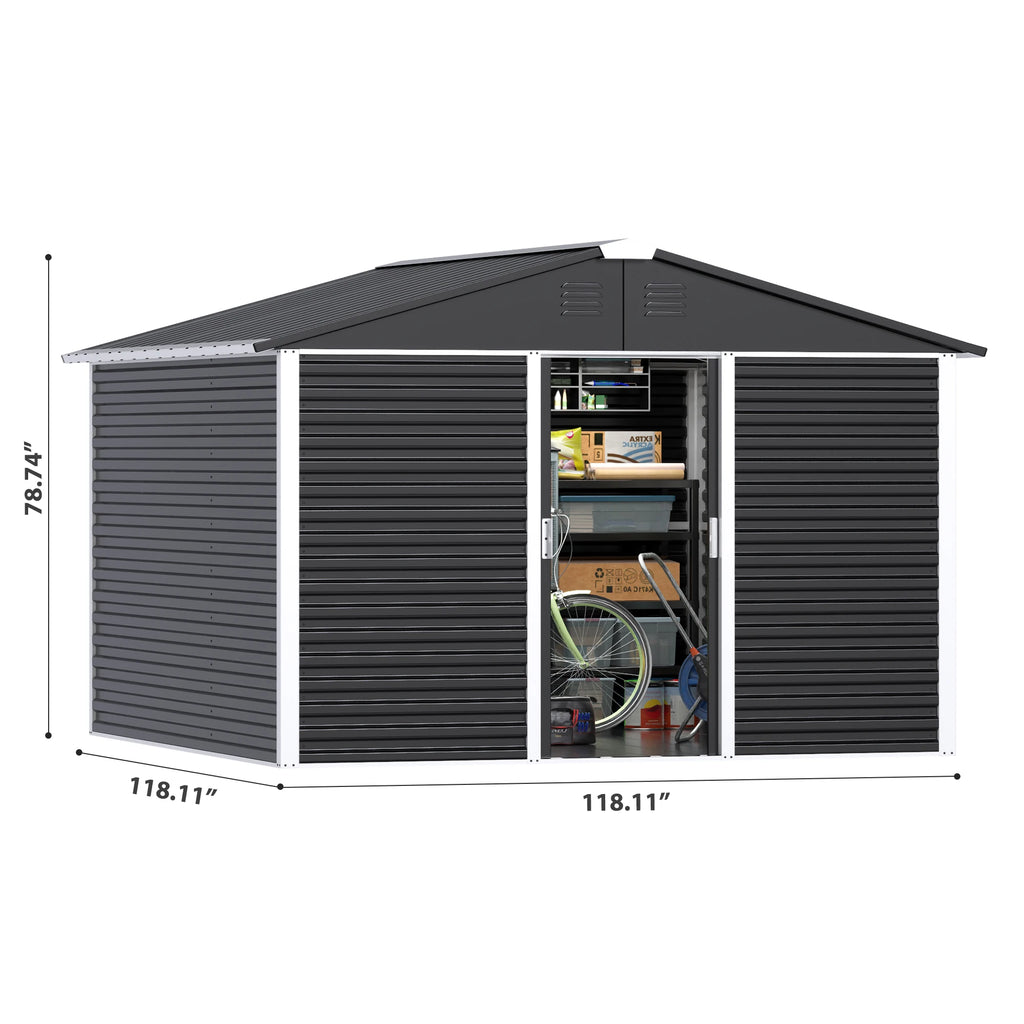 Large 10 Ft. W X 10 Ft. D Outdoor Metal Shed Sliding Door 60 Sq. Ft. Black FCJ Garden Patio Lawn Shed Wood for Backyard Use