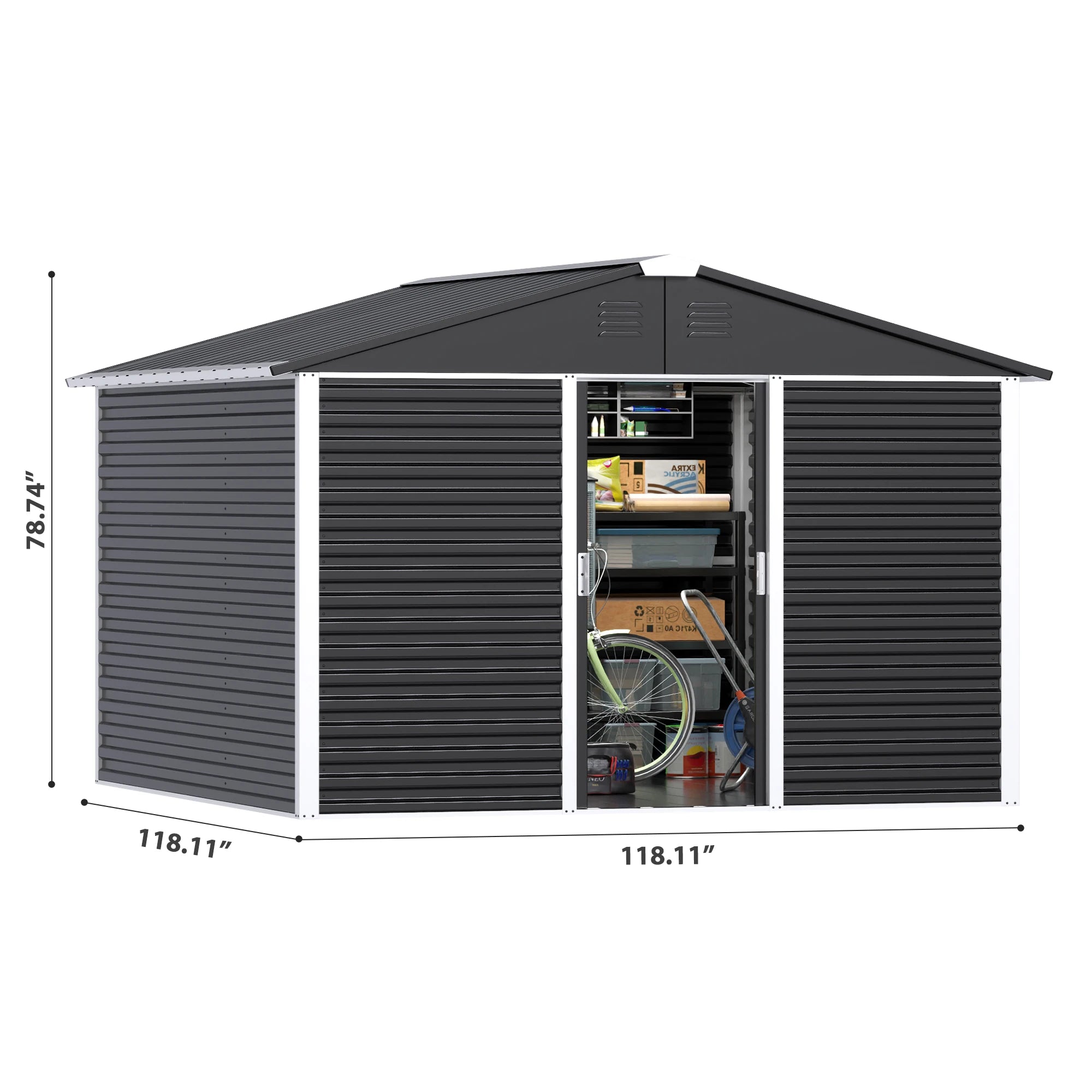 Large 10 Ft. W X 10 Ft. D Outdoor Metal Shed Sliding Door 60 Sq. Ft. Black FCJ Garden Patio Lawn Shed Wood for Backyard Use