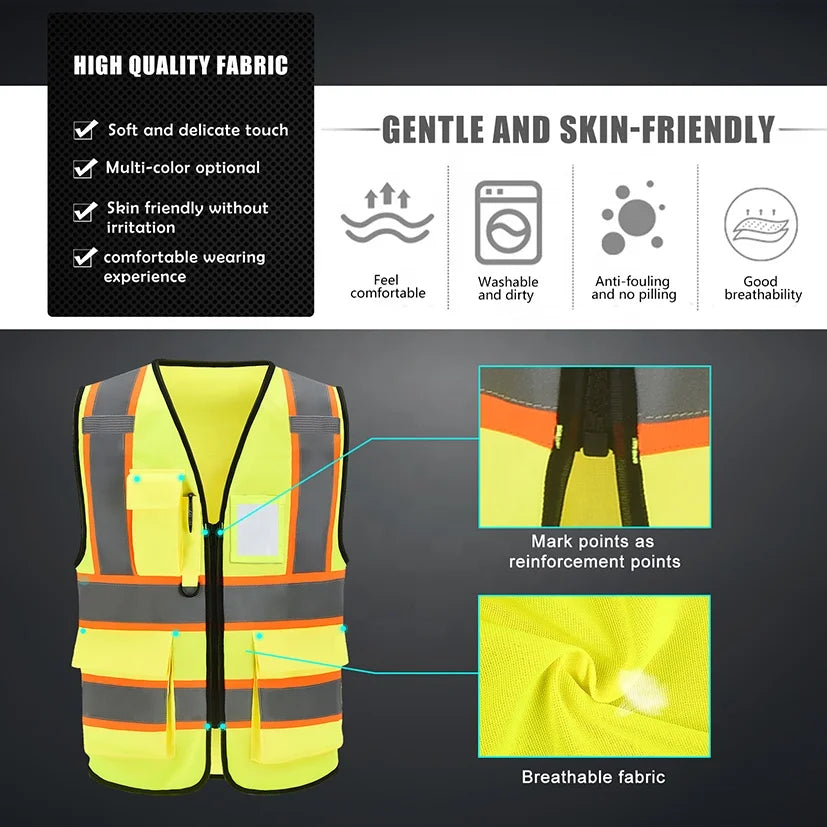 Ready to Ship ANSI Class 2 Hi Vis Vest Reflective Multi Pockets Adjustable for Construction