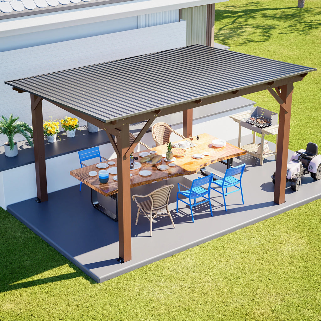 13x10ft Wooden Frame and Metal Roof Garden Gazebo With Metal Roof for Backyard & Garden