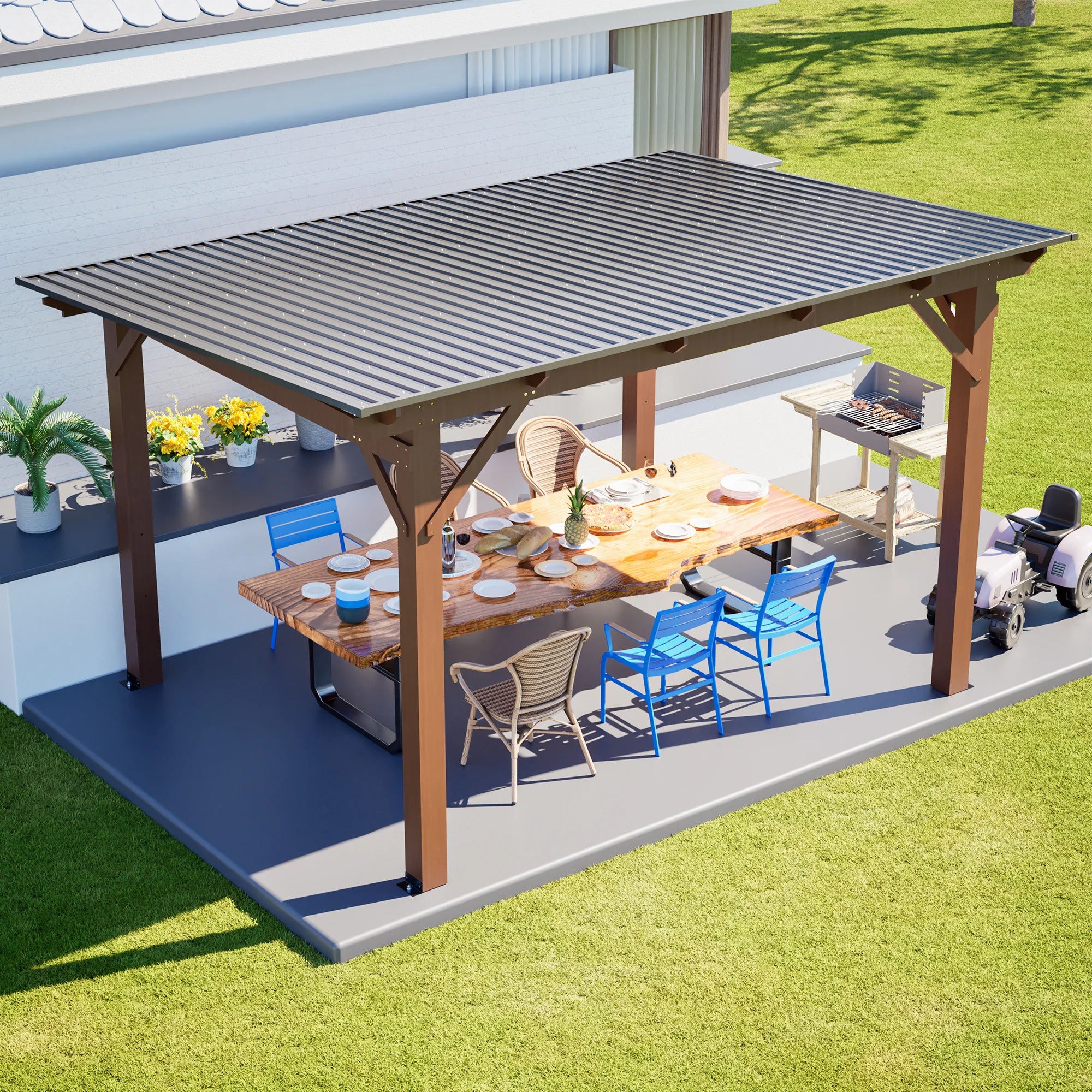13x10ft Wooden Frame and Metal Roof Garden Gazebo With Metal Roof for Backyard & Garden