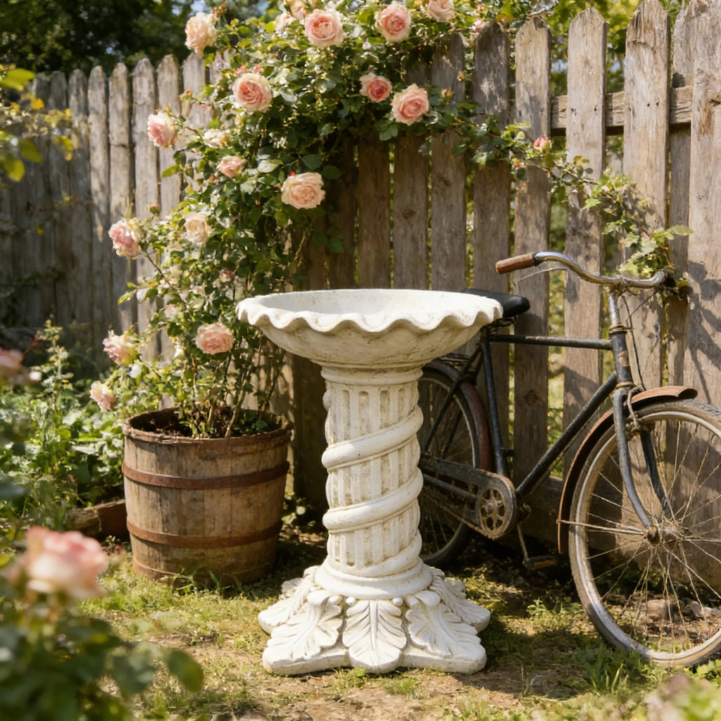 Resin Hand-painted Fashion Twisted Column Bird Bath Decorative Water Basin Flower Petal Edge for Garden Courtyard Feeding Birds