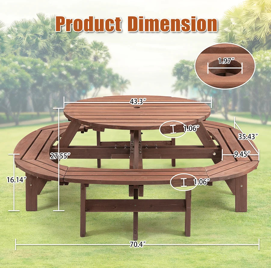 12-Person Modern Portable Round Outdoor Wooden Picnic Table for Patio Backyard Garden