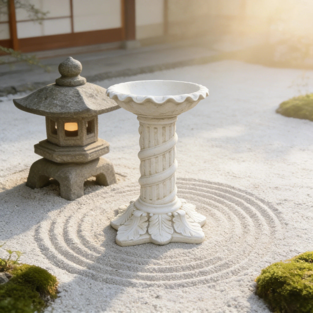 Resin Hand-painted Fashion Twisted Column Bird Bath Decorative Water Basin Flower Petal Edge for Garden Courtyard Feeding Birds