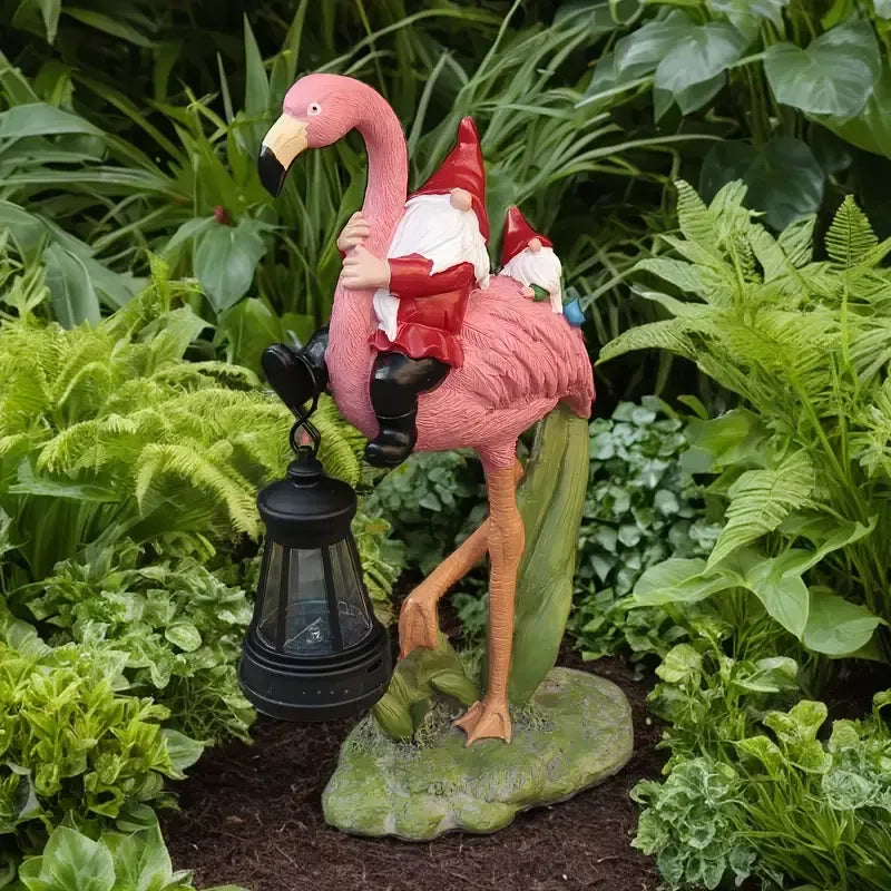 Gnome & Flamingo Statue with Lantern Hand-painted Animal Theme Resin Figurine Christmas Ornaments for Outdoor Garden Decoration