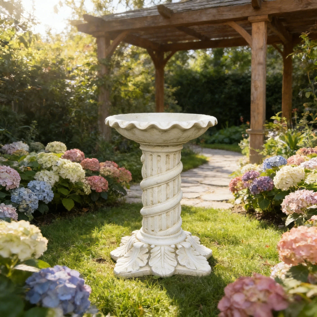 Resin Hand-painted Fashion Twisted Column Bird Bath Decorative Water Basin Flower Petal Edge for Garden Courtyard Feeding Birds