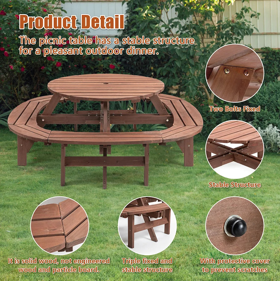 12-Person Modern Portable Round Outdoor Wooden Picnic Table for Patio Backyard Garden