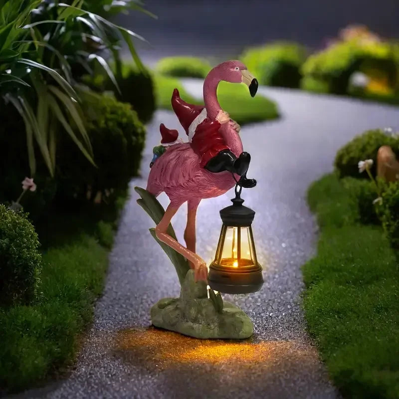 Gnome & Flamingo Statue with Lantern Hand-painted Animal Theme Resin Figurine Christmas Ornaments for Outdoor Garden Decoration