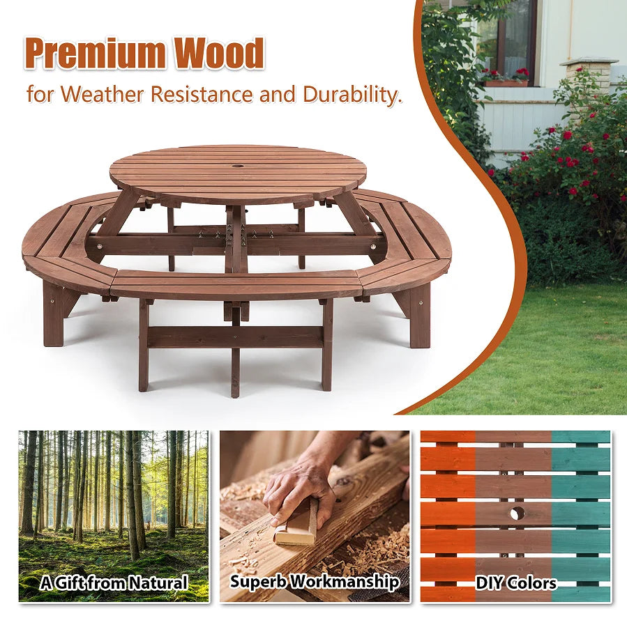 12-Person Modern Portable Round Outdoor Wooden Picnic Table for Patio Backyard Garden