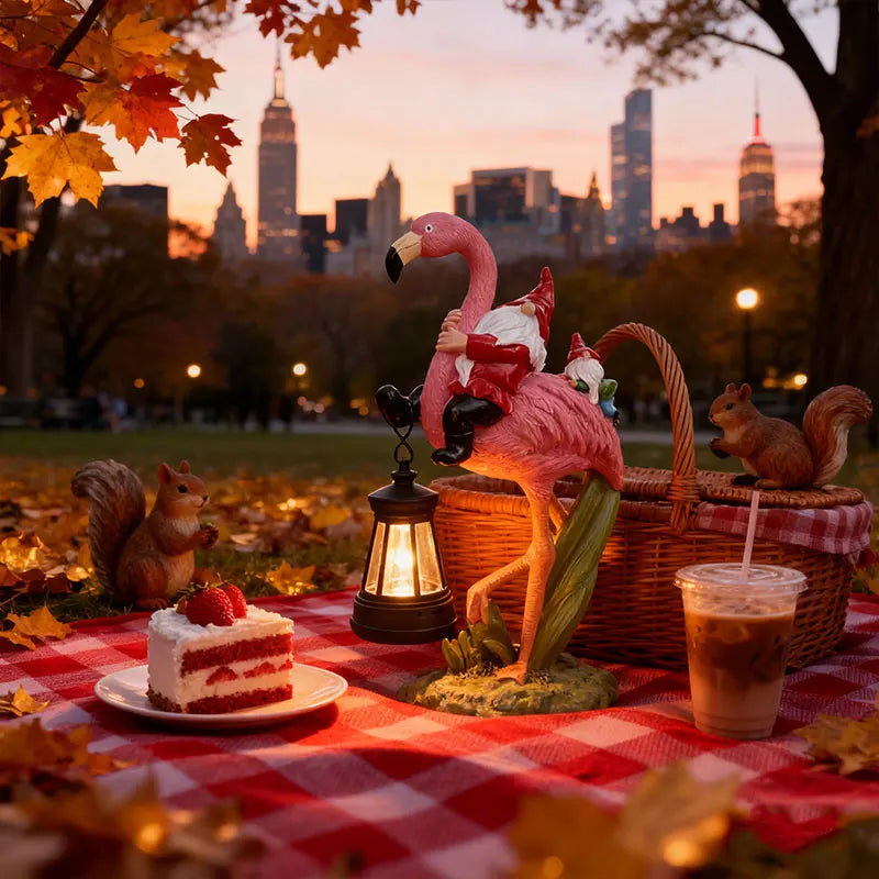 Gnome & Flamingo Statue with Lantern Hand-painted Animal Theme Resin Figurine Christmas Ornaments for Outdoor Garden Decoration