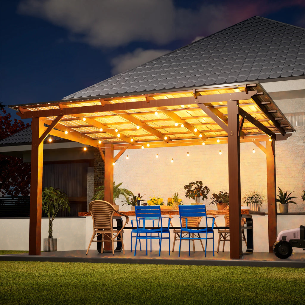 13x10ft Wooden Frame and Metal Roof Garden Gazebo With Metal Roof for Backyard & Garden