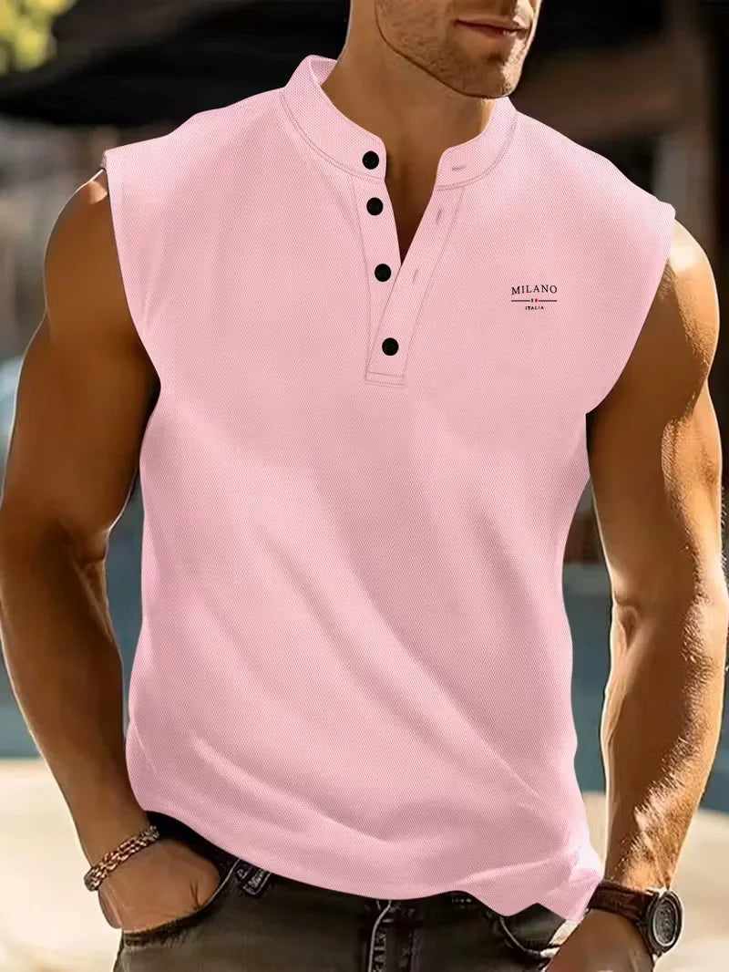 Summer Men's Casual Sleeveless T-Shirt Milano Embroidery Stand Collar Henley Tank Top Beach Sportwear
