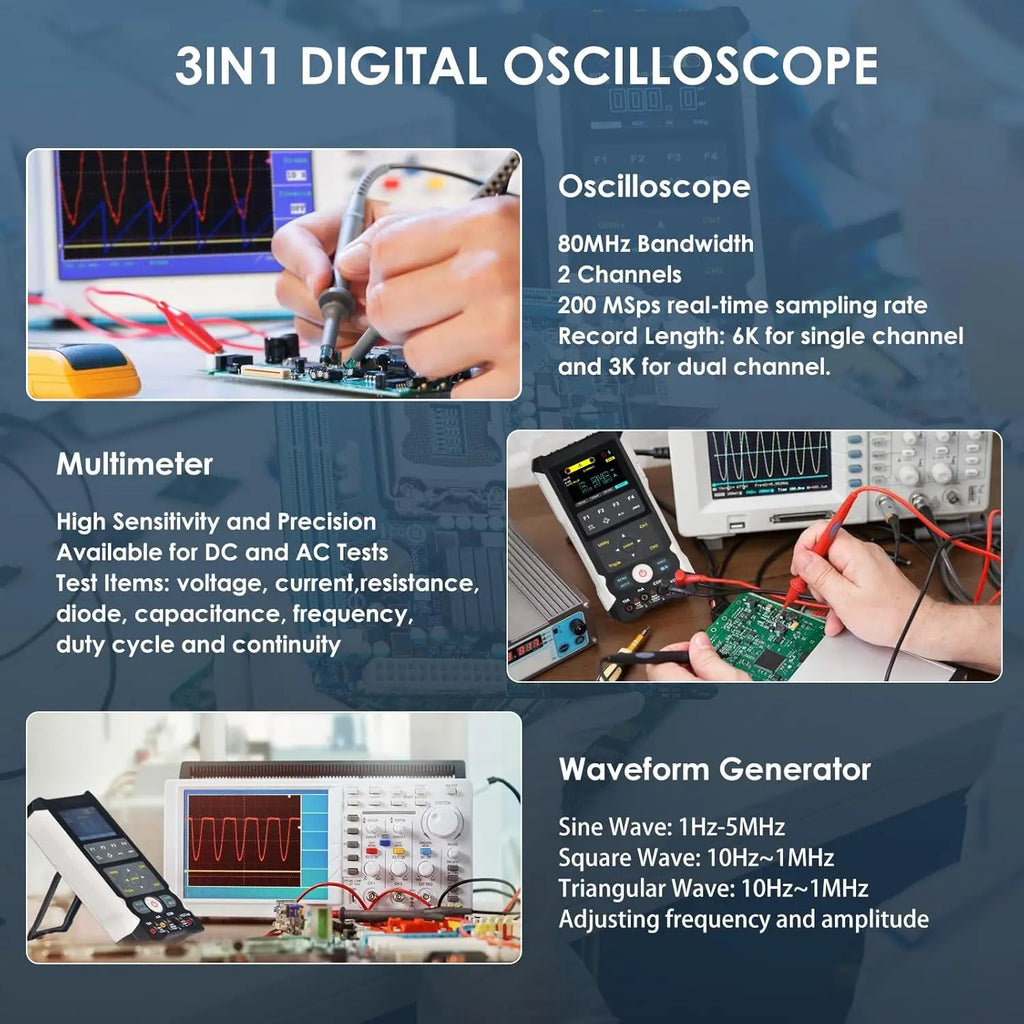 3 in 1 Digital Oscilloscope Multimeter, 80Mhz Bandwidth with 2 Channels Handheld Oscilloscope Waveform Generator and Multimeter