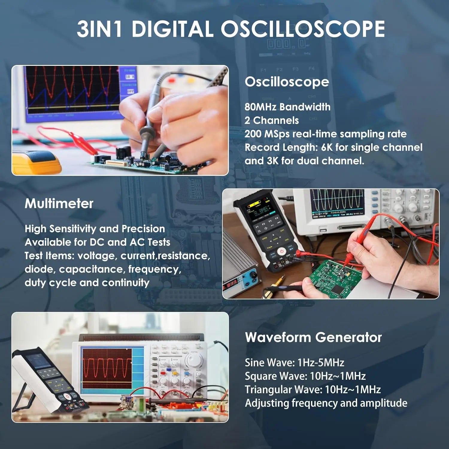 3 in 1 Digital Oscilloscope Multimeter, 80Mhz Bandwidth with 2 Channels Handheld Oscilloscope Waveform Generator and Multimeter