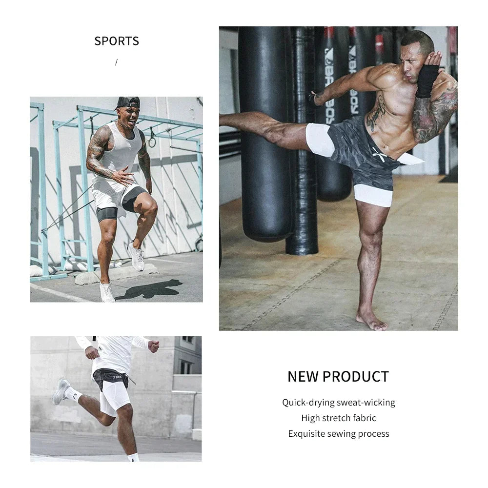 2024 Summer Men's New Fashionable Trend Leisure Gym Fitness Sports Double layer Shorts Outdoor Running Basketball Training Short