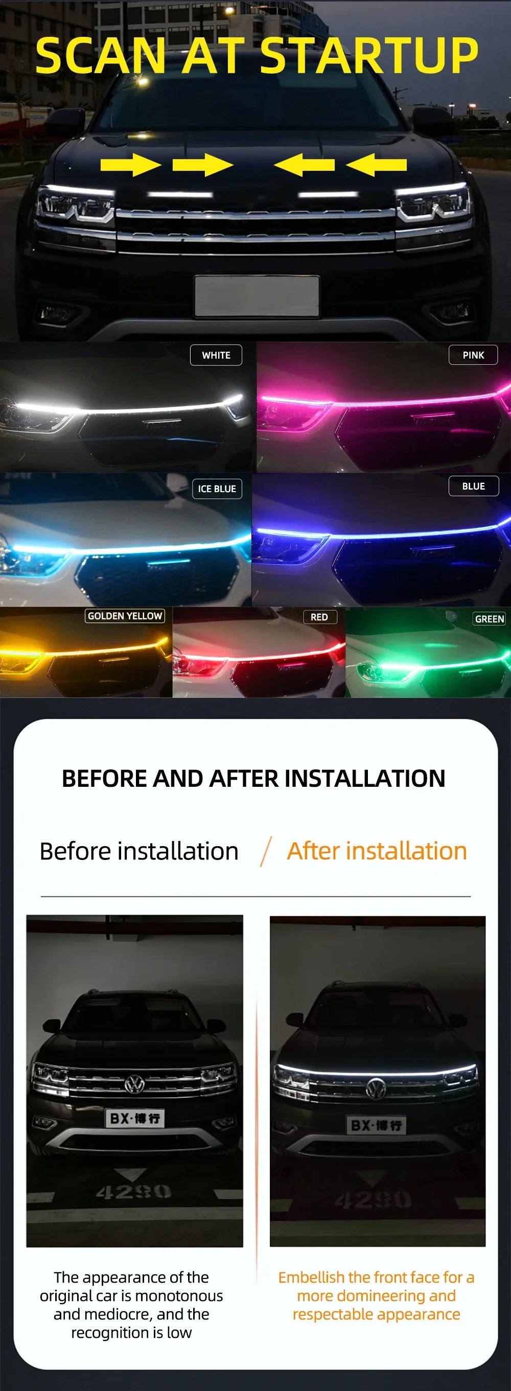 New 12V Start Scan Meteor Dynamic Car Daytime Running Lights LED Car Hood Decorative Light Strip with DRL with Turn Signal
