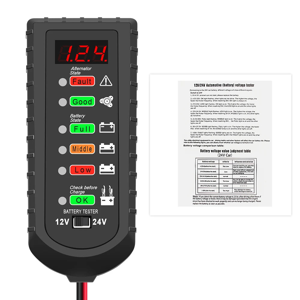 Car Battery Tester 12V 24V Alternator Tester LED Display 6 Light Automotive Battery Checker Analyzer Auto Repair Diagnostic Tool
