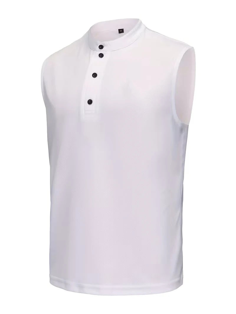 Summer Men's Casual Sleeveless T-Shirt Milano Embroidery Stand Collar Henley Tank Top Beach Sportwear