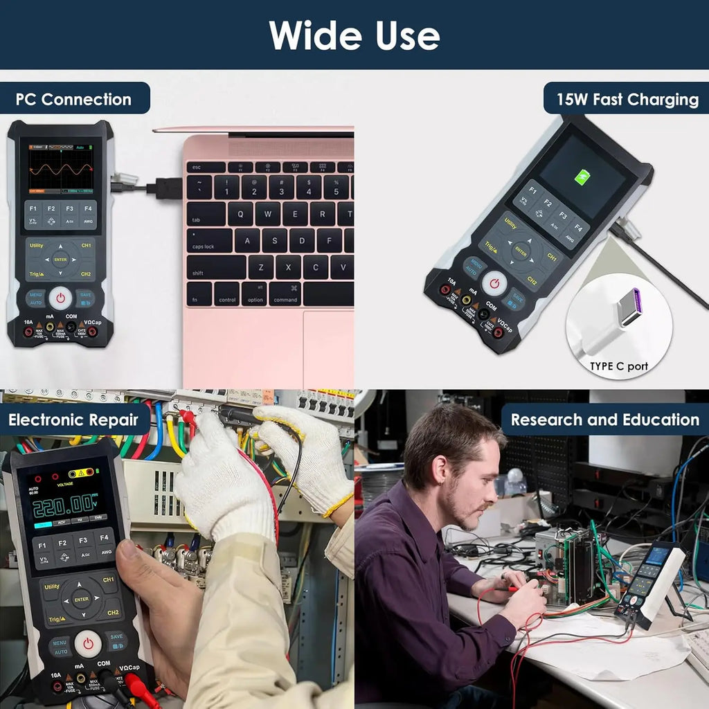 3 in 1 Digital Oscilloscope Multimeter, 80Mhz Bandwidth with 2 Channels Handheld Oscilloscope Waveform Generator and Multimeter