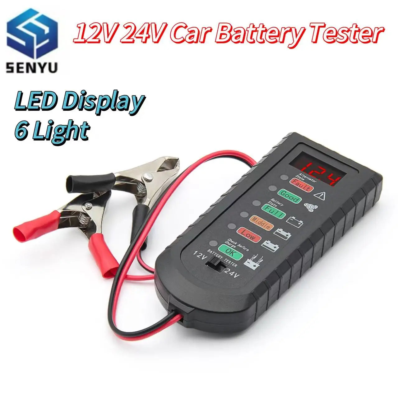 Car Battery Tester 12V 24V Alternator Tester LED Display 6 Light Automotive Battery Checker Analyzer Auto Repair Diagnostic Tool