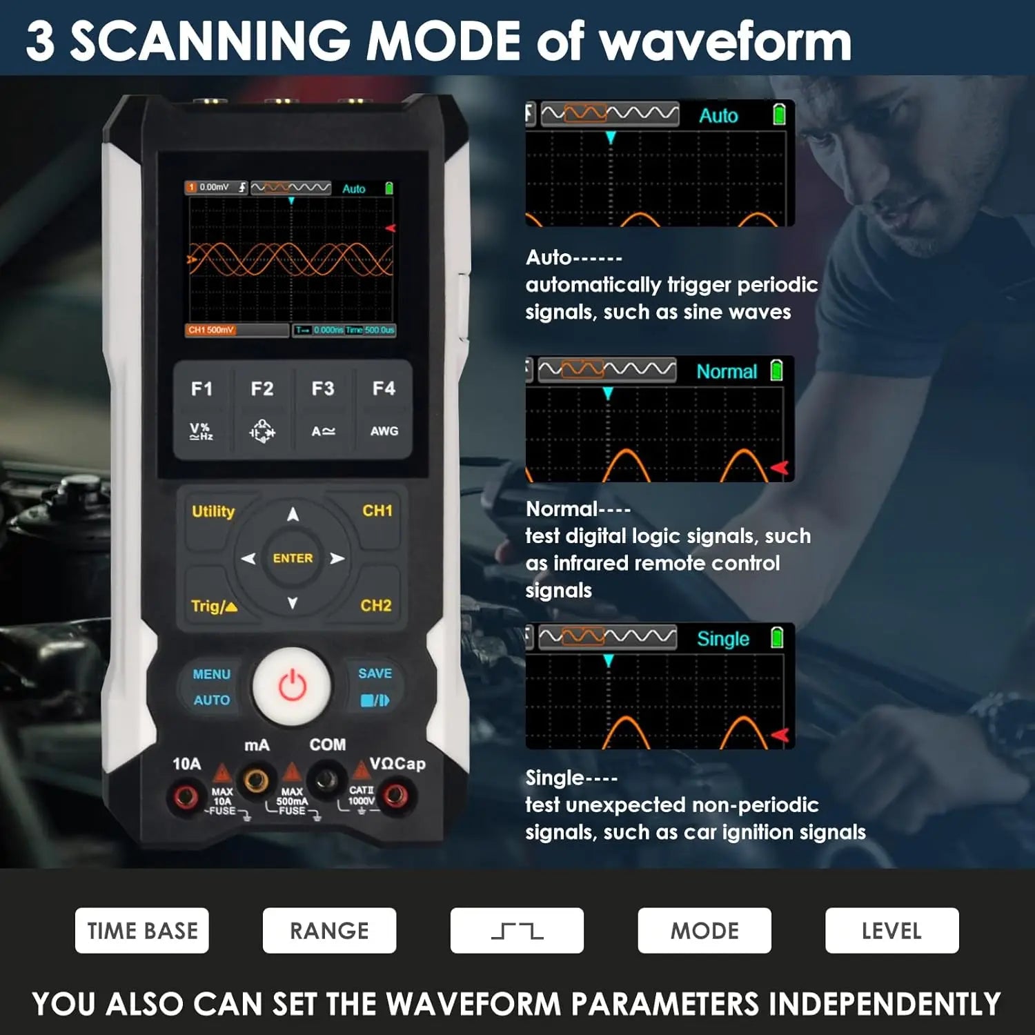 3 in 1 Digital Oscilloscope Multimeter, 80Mhz Bandwidth with 2 Channels Handheld Oscilloscope Waveform Generator and Multimeter