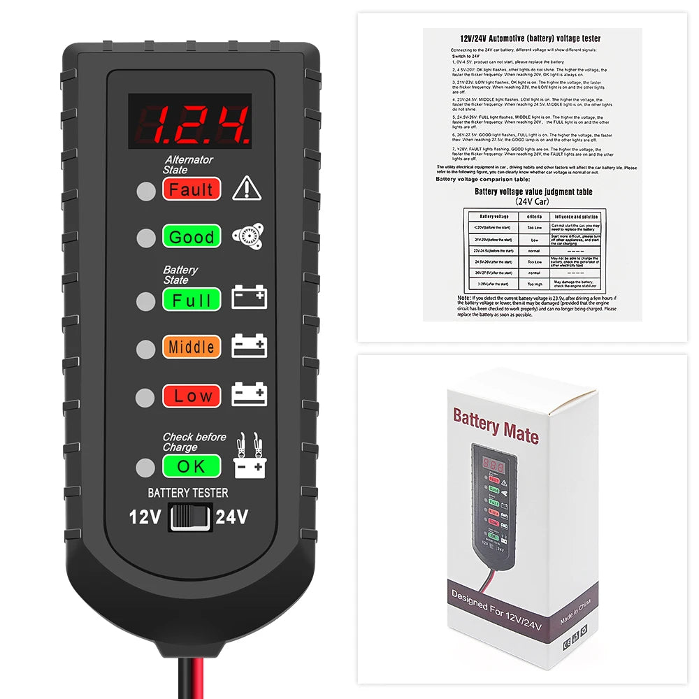 Car Battery Tester 12V 24V Alternator Tester LED Display 6 Light Automotive Battery Checker Analyzer Auto Repair Diagnostic Tool