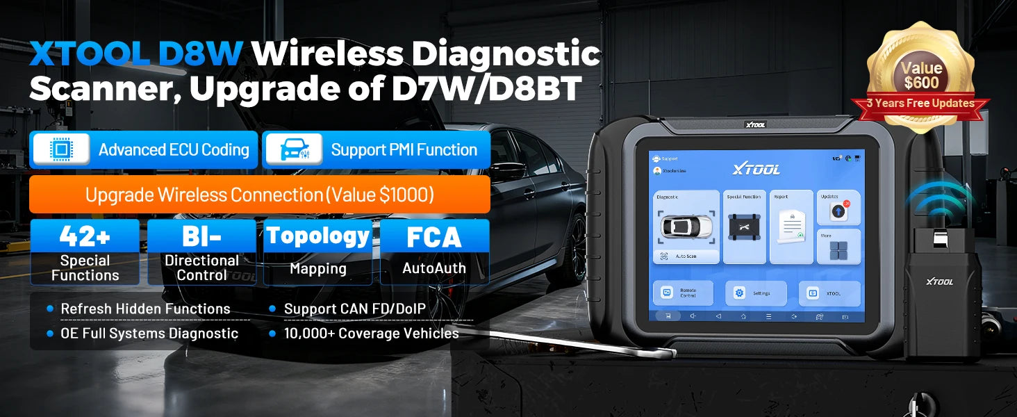 XTOOL D8W BT OBD2 Diagnostic Tool ECU Coding Bluetooth Automotive Scanner VAG Guided Topology Map with 42+ Reset CAN FD DOIP FCA