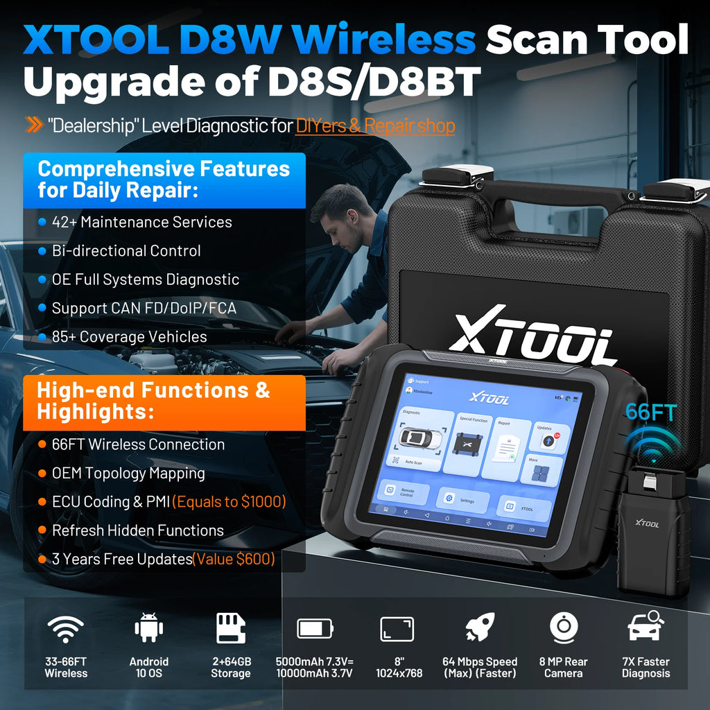 XTOOL D8W BT OBD2 Diagnostic Tool ECU Coding Bluetooth Automotive Scanner VAG Guided Topology Map with 42+ Reset CAN FD DOIP FCA