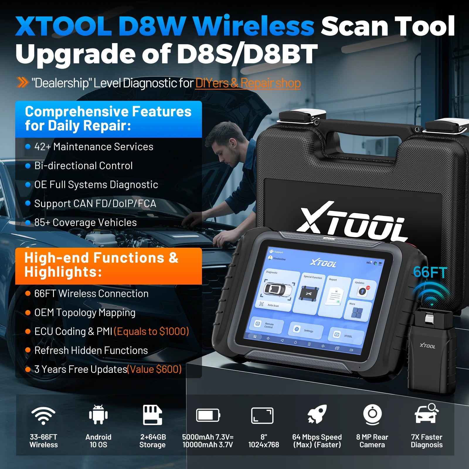 XTOOL D8W BT OBD2 Diagnostic Tool ECU Coding Bluetooth Automotive Scanner VAG Guided Topology Map with 42+ Reset CAN FD DOIP FCA