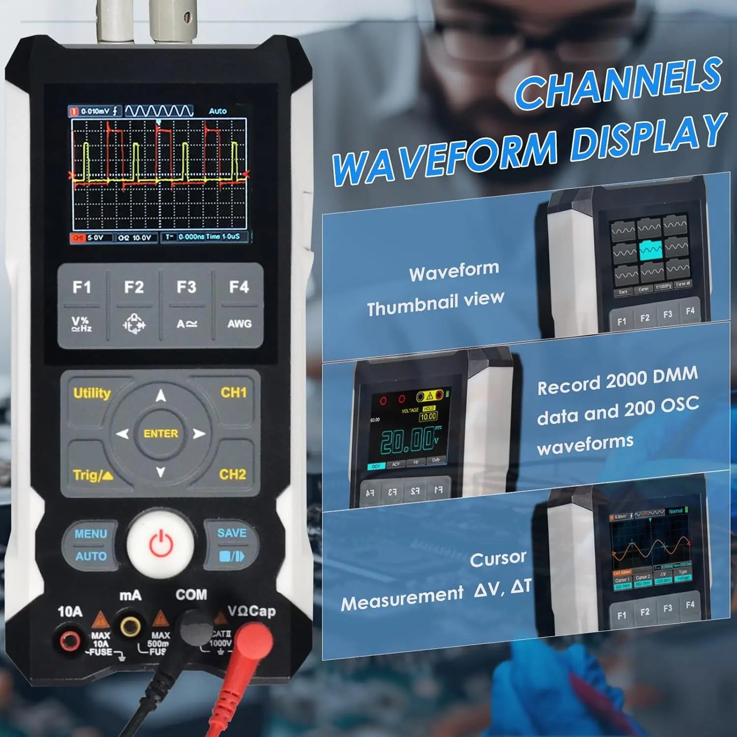 3 in 1 Digital Oscilloscope Multimeter, 80Mhz Bandwidth with 2 Channels Handheld Oscilloscope Waveform Generator and Multimeter