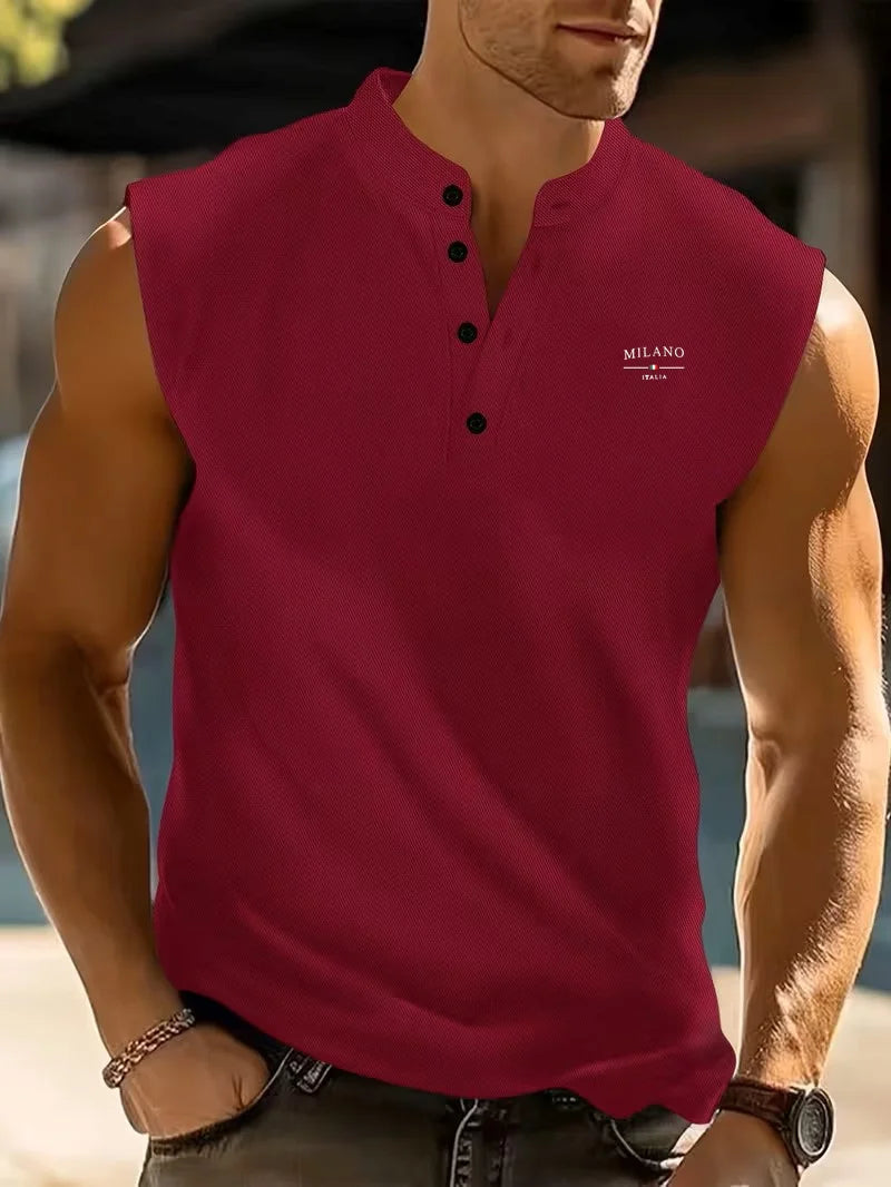 Summer Men's Casual Sleeveless T-Shirt Milano Embroidery Stand Collar Henley Tank Top Beach Sportwear