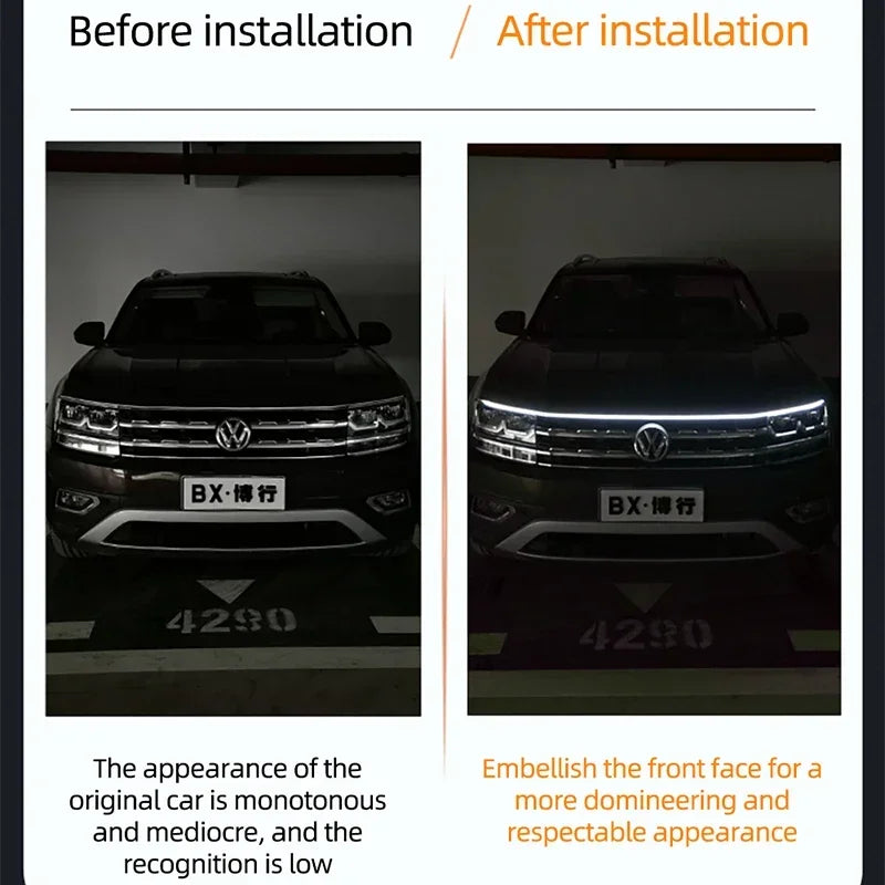 New 12V Start Scan Meteor Dynamic Car Daytime Running Lights LED Car Hood Decorative Light Strip with DRL with Turn Signal